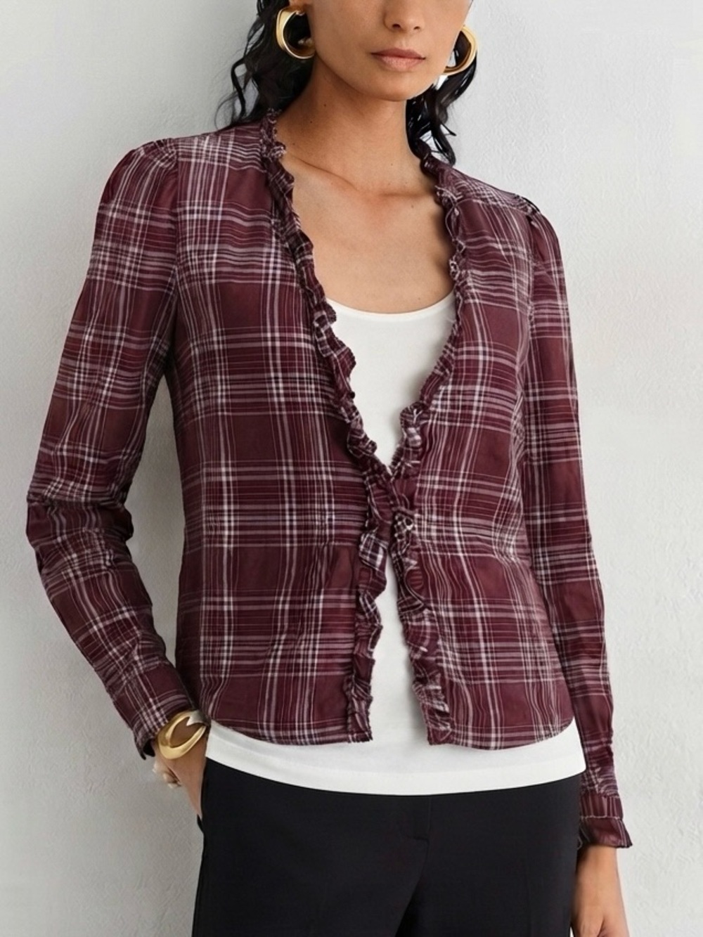 EVEREVE Burgundy Long Sleeve Plaid Ruffle V Neck Shirt Sz Medium Business Casual